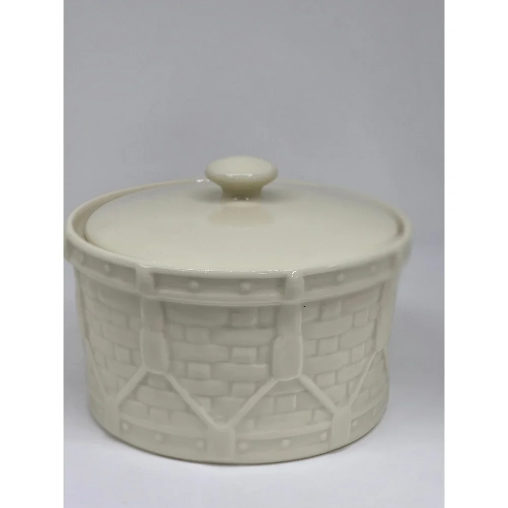 Longaberger Drum Crock‎ Ivory Woven Traditions Lidded Jar Canister USA Cottage